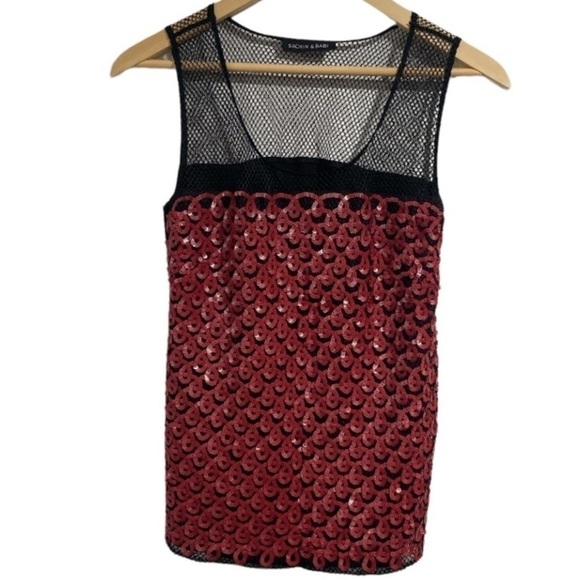 Sachin & Babi shirt sequins tank top mesh black and red - Picture 1 of 8